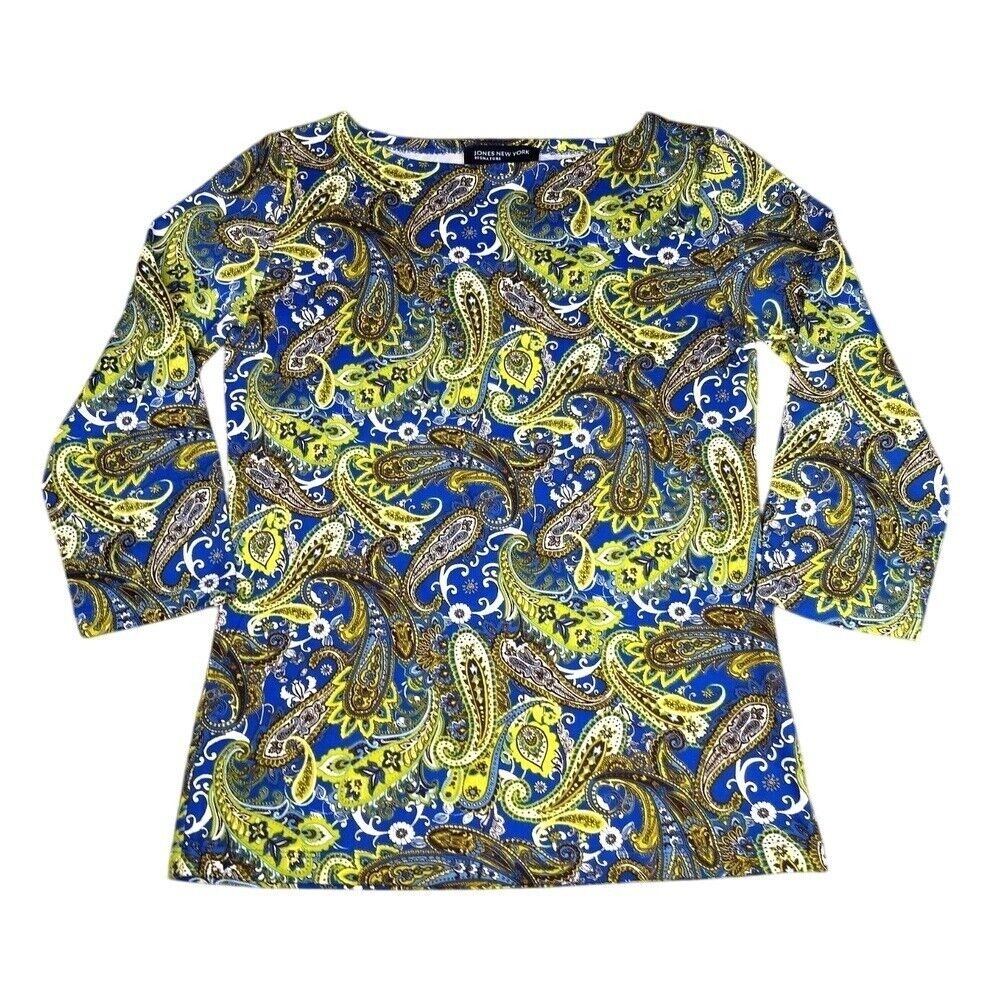 Jones NY Signature Top Women S 100% Cotton Paisley Blue Green Boat Neck Pullover